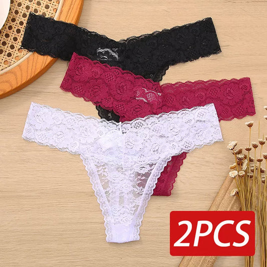 2PCS M-XL Women Lace Thong G-string Panties Sexy Floral Transparent