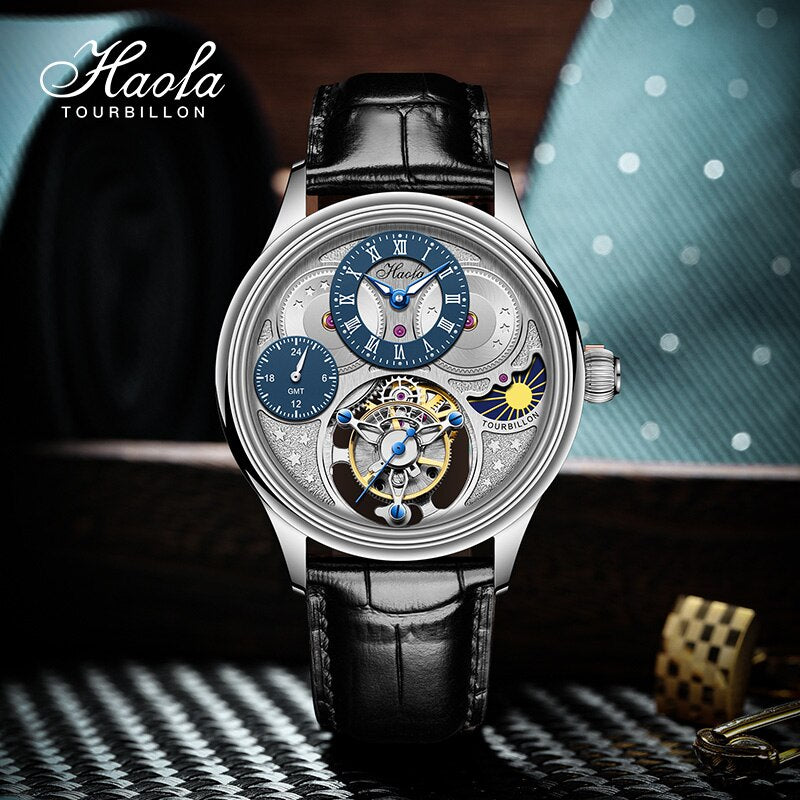 Haofa Tourbillon Mechanical Watch For Men Luxury GMT